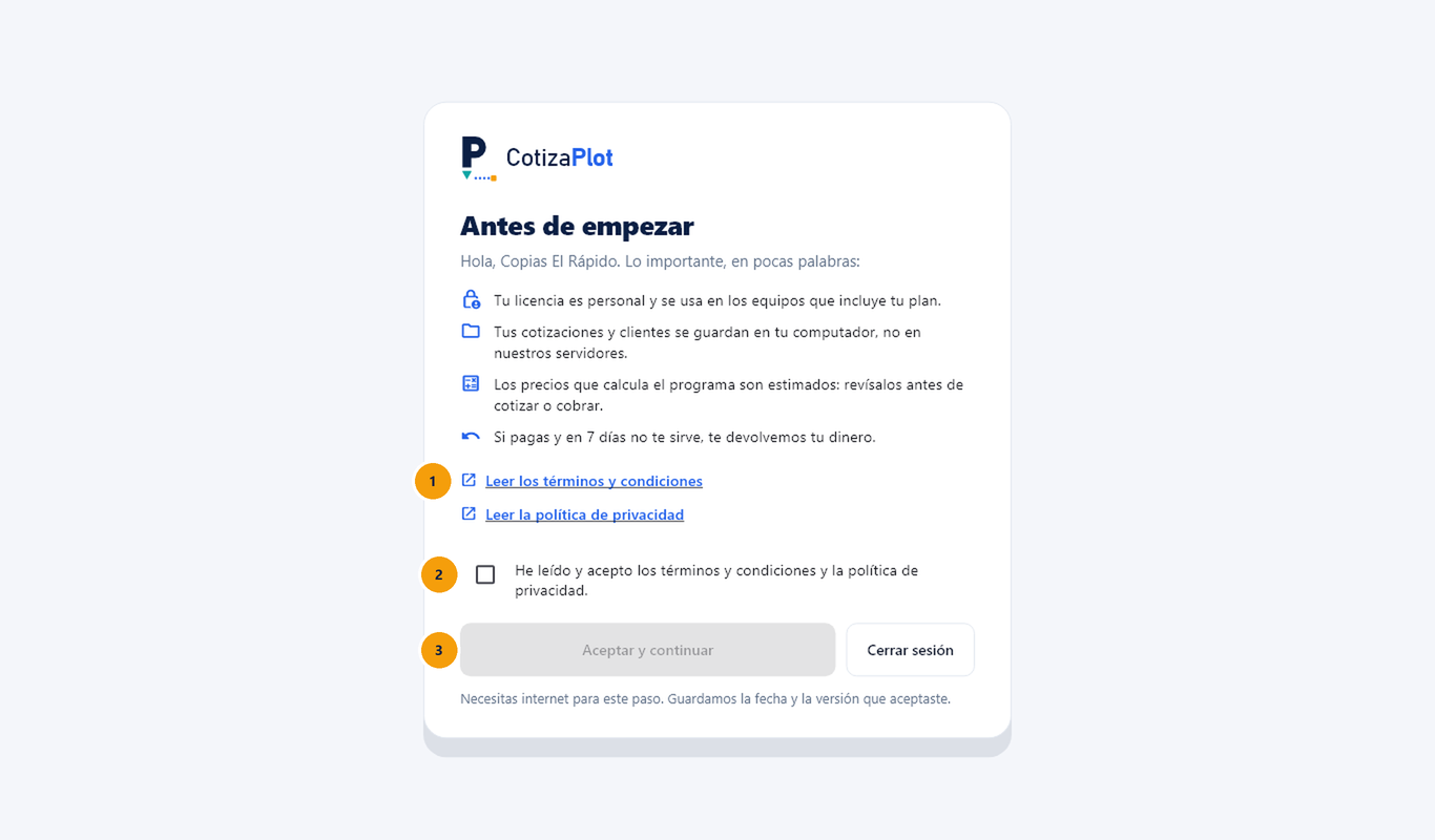 Captura de pantalla de CotizaPlot: Acepta los términos (solo la primera vez)