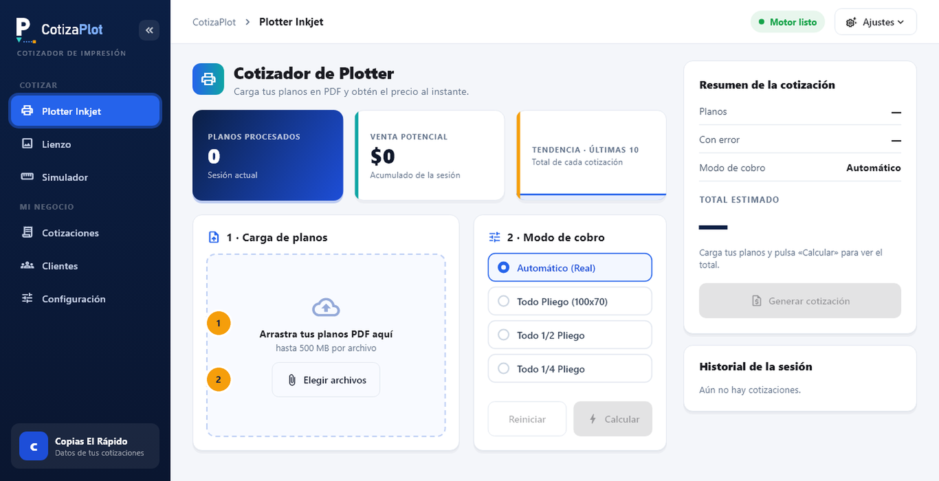 Captura de pantalla de CotizaPlot: Carga tus planos