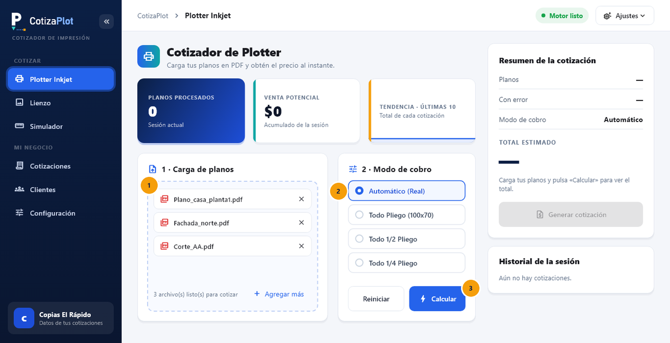 Captura de pantalla de CotizaPlot: Elige cómo cobrar y calcula