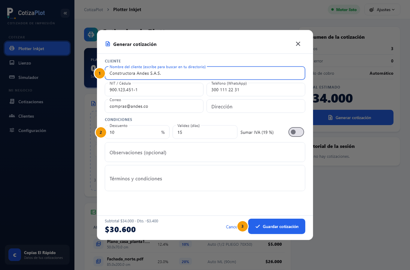Captura de pantalla de CotizaPlot: Crea la cotización para tu cliente