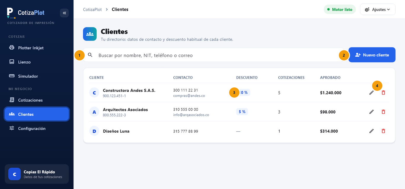Captura de pantalla de CotizaPlot: Tu directorio de clientes