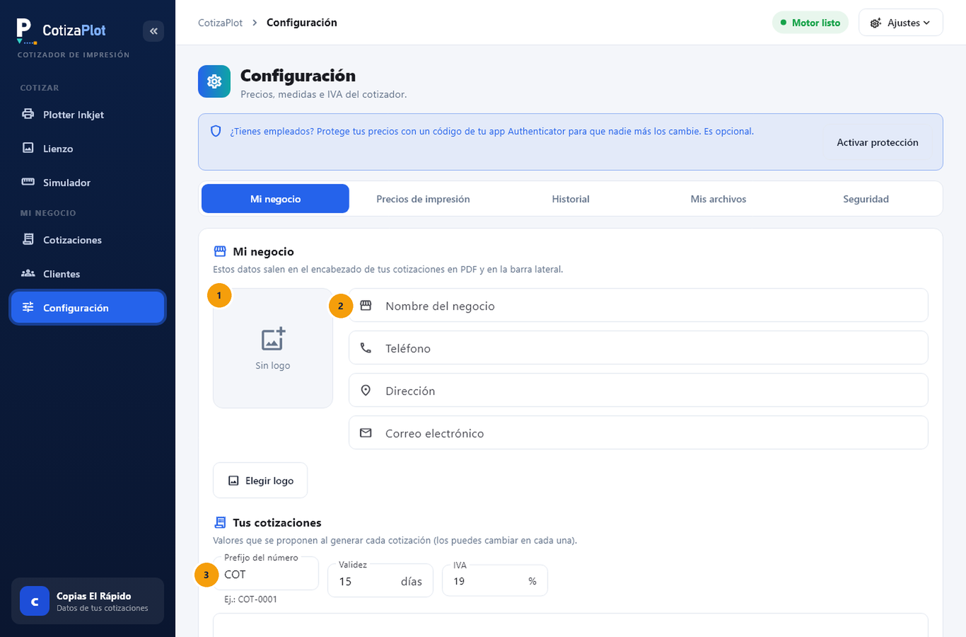 Captura de pantalla de CotizaPlot: Cuéntale al programa de tu negocio