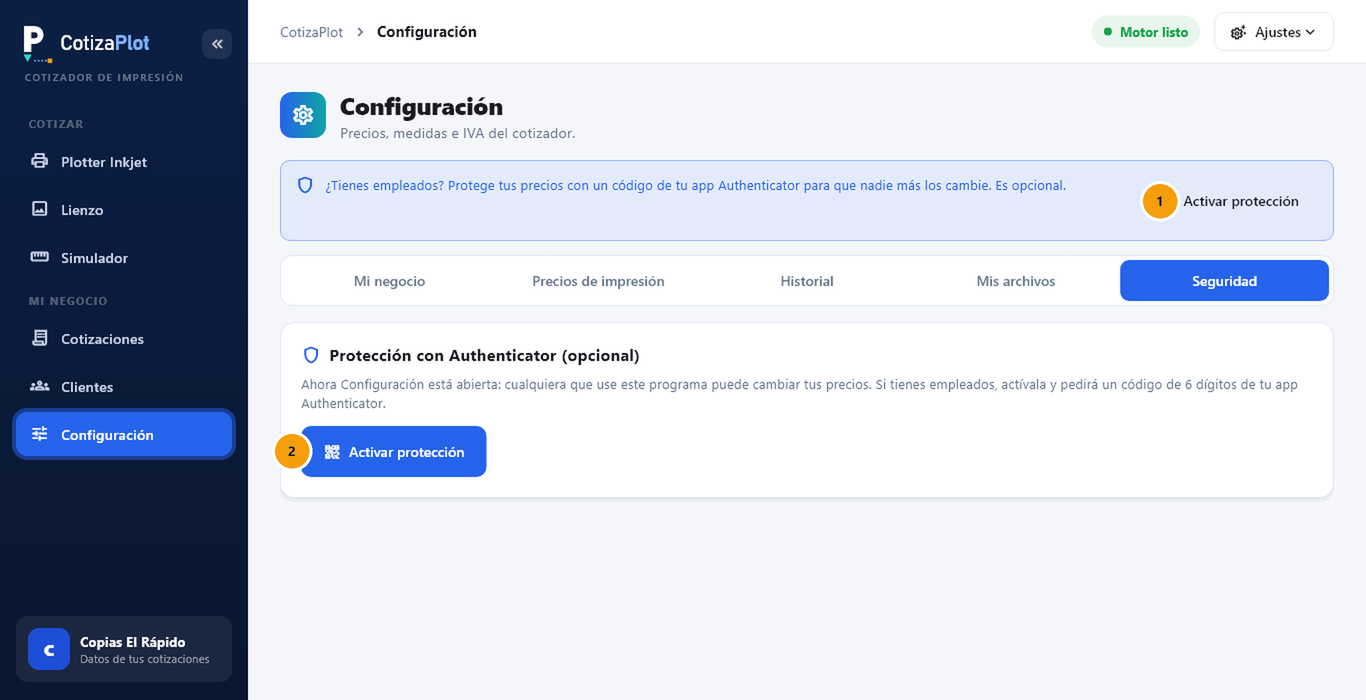 Captura de pantalla de CotizaPlot: Proteger tus precios (opcional)